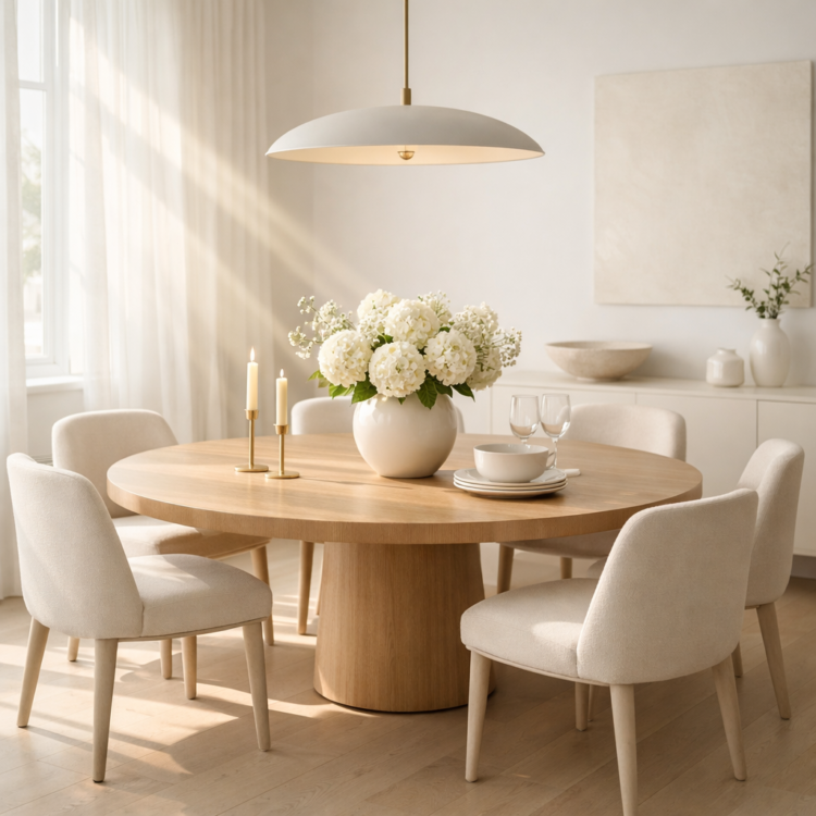 Sunny minimalist dining room with round light wood table, beige upholstered chairs, white floral centerpiece, and modern pendant light