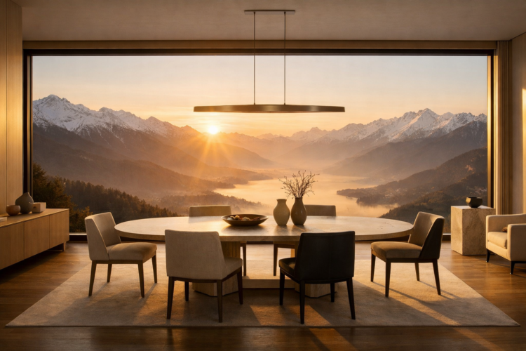 Elegant dining space overlooking a lake and snow-capped mountains at sunrise through a large glass window