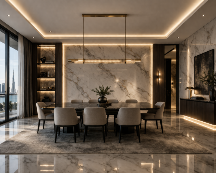 Spacious modern dining area with marble walls and floor, elegant lighting, a large table with beige chairs, and a city skyline view.