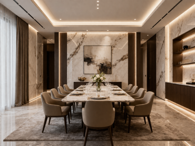 Elegant dining room featuring a long marble table, beige upholstered chairs, and ambient lighting in a sophisticated setting
