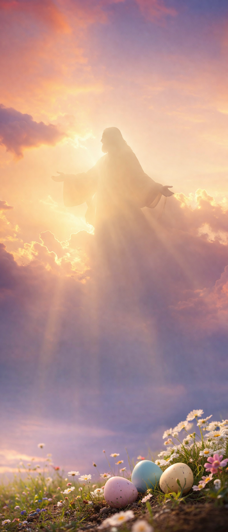 Silhouette of a radiant figure in clouds with glowing sunlight and Easter eggs among wildflowers