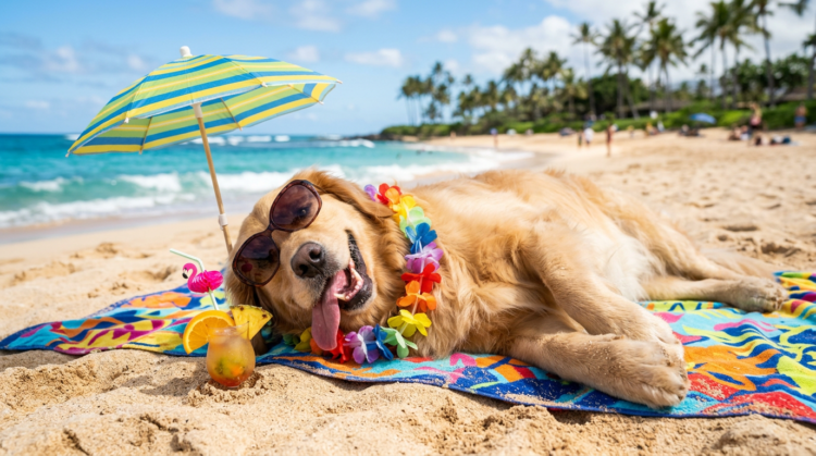 Golden retriever wearing sunglasses and a rainbow lei, lounging on a colorful beach towel under a small umbrella by the ocean
