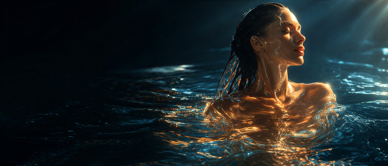 A woman with wet hair peacefully immersed in dark water illuminated by golden and blue lighting