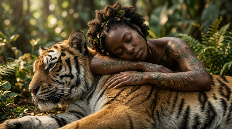 Calm woman with floral body art resting on a majestic tiger surrounded by green foliage in a peaceful forest setting