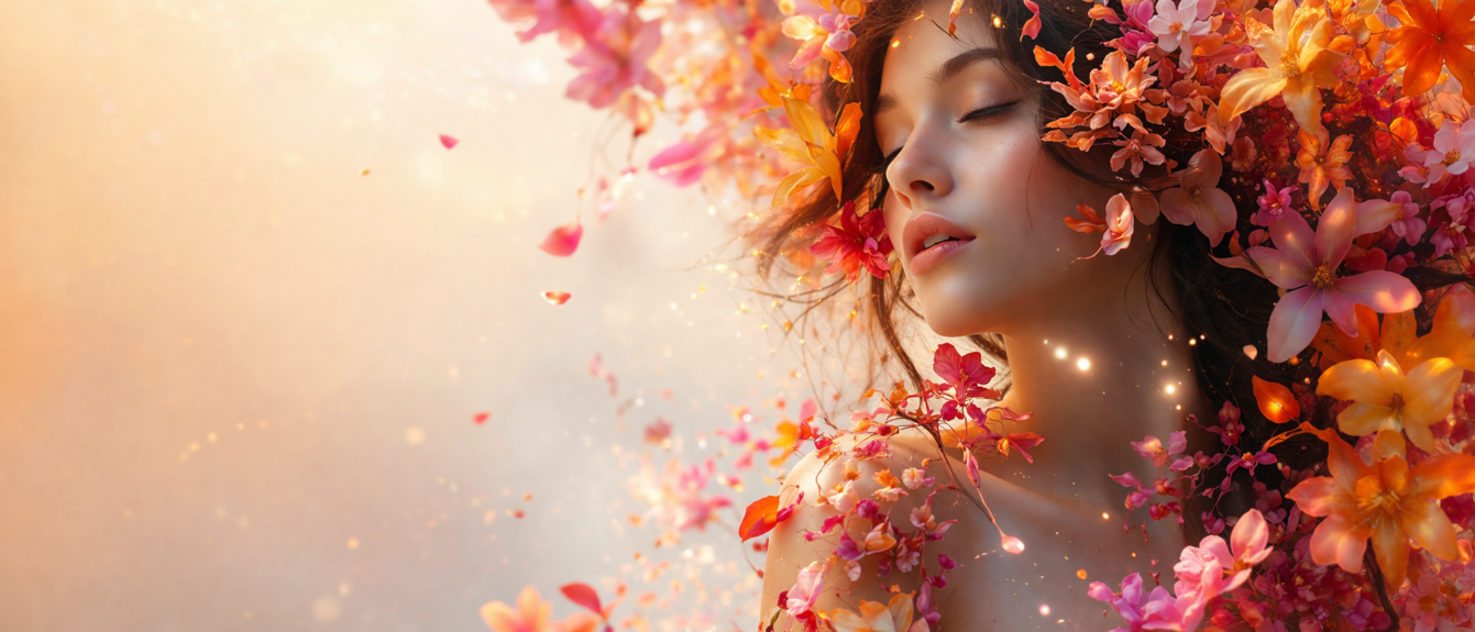 Peaceful young woman with closed eyes amid vivid pink and orange flowers and soft glowing light