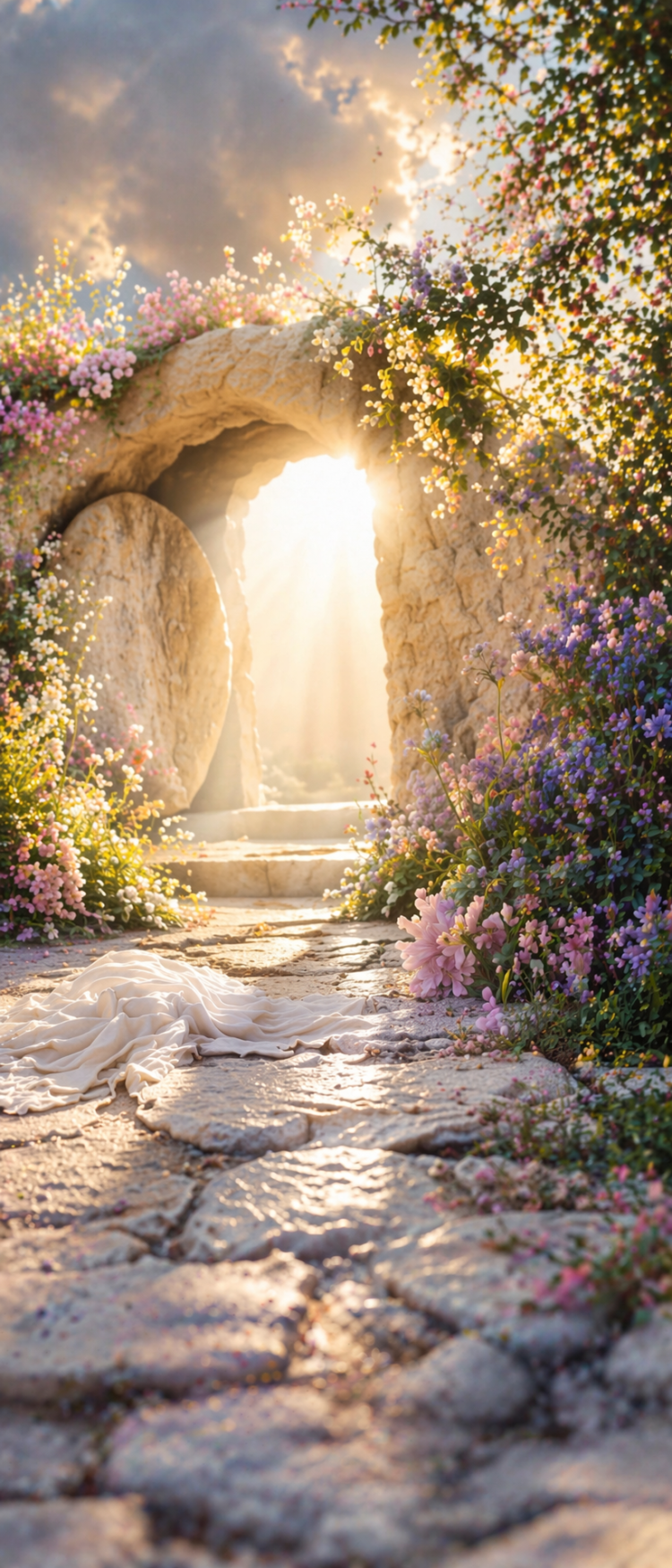 Stone tomb entrance illuminated by radiant sunlight, surrounded by blooming pastel flowers and soft fabric draped on stone path