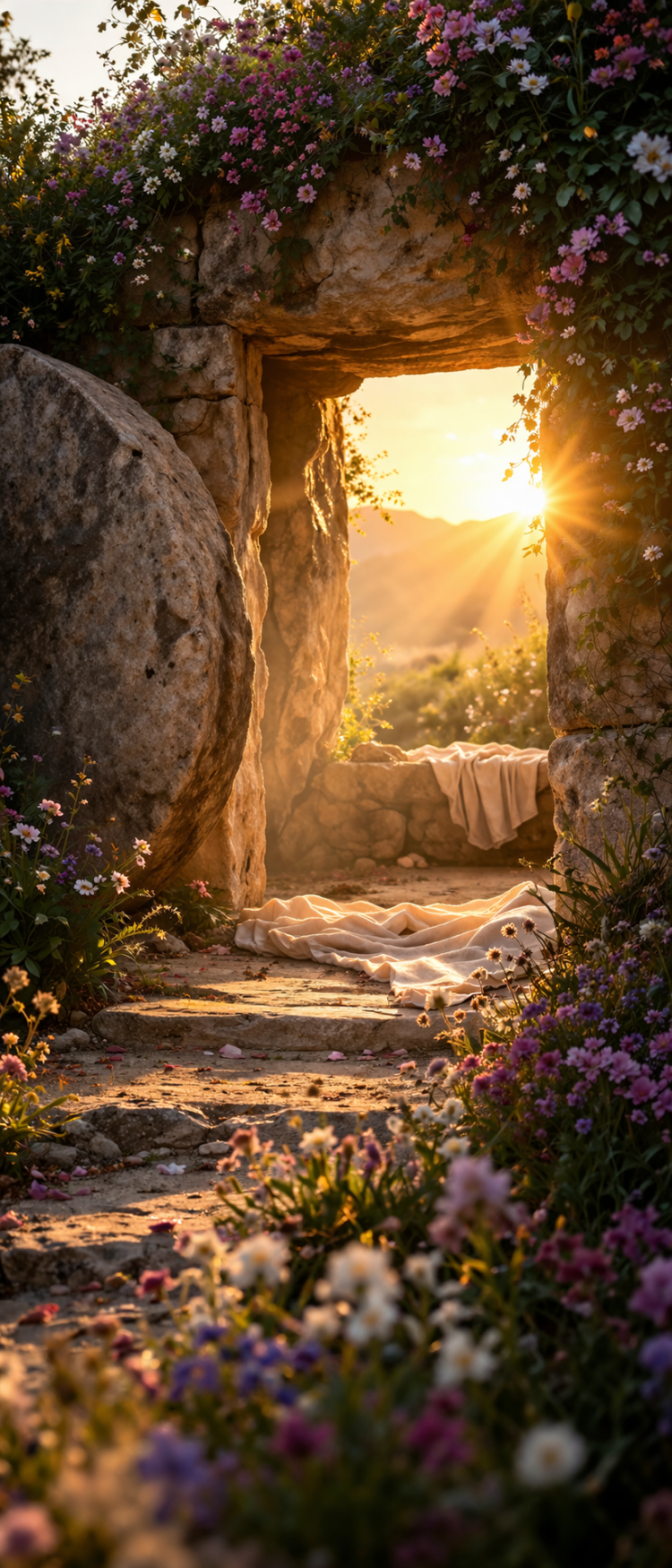 Stone entrance of a garden tomb covered with colorful flowers, bathed in warm sunlight during sunset with stone path and fabric