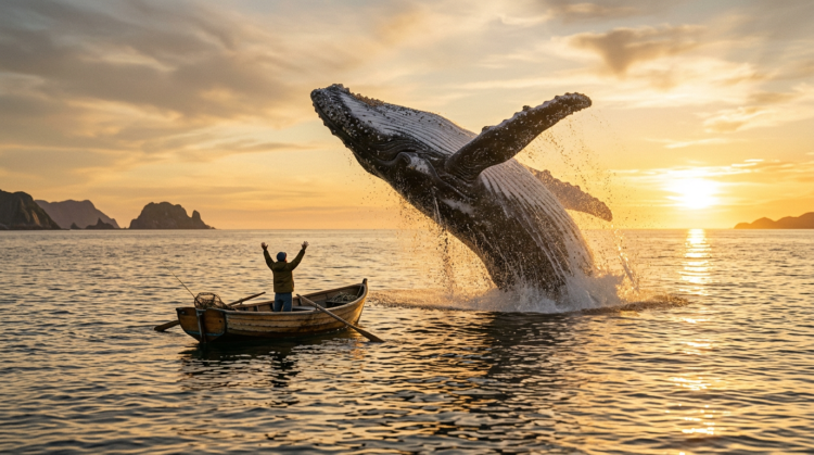 A fisherman in a wooden rowboat raises his arms toward a large whale breaching the calm ocean at sunset with mountains in the distance