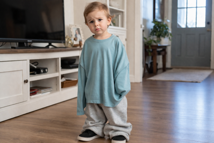 A small child indoors wearing an oversized teal long sleeve shirt and baggy gray pants with a concerned expression