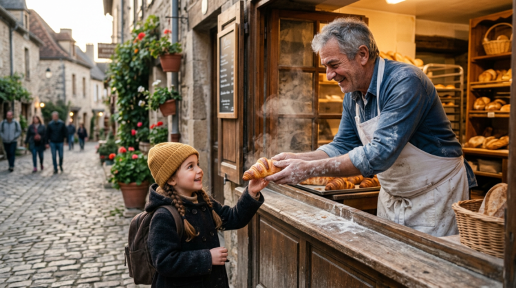 Smiling elderly baker handing a steaming fresh croissant to a young girl wearing a yellow beanie and coat on a cobblestone street