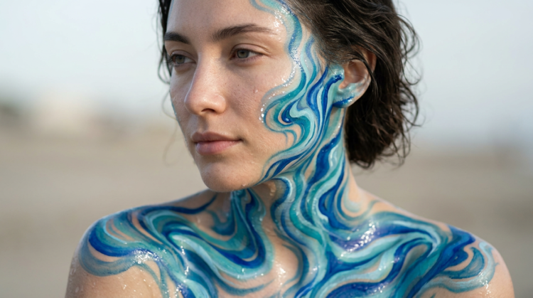 Close-up of a woman with blue and turquoise water-inspired body paint flowing across her face, neck, and shoulders