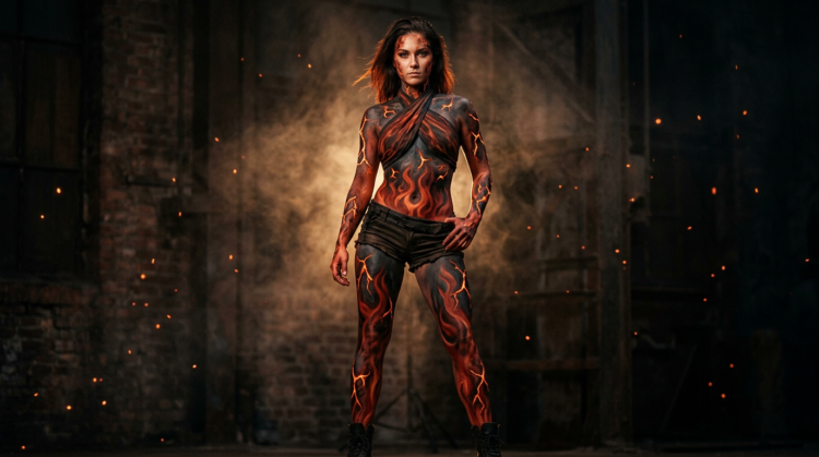 Strong woman with glowing fiery lava body paint stands confidently in a dark industrial setting with floating embers