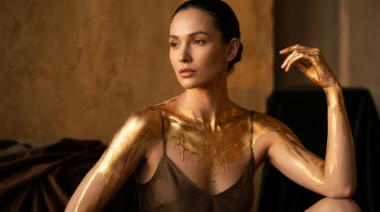 Portrait of a woman with gold paint dripping over her shoulders and arms, wearing a brown sleeveless top against a neutral background.