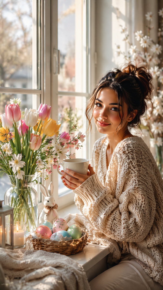Young woman in a knitted sweater holding a cup near a window with colorful flowers and decorated Easter eggs in a basket