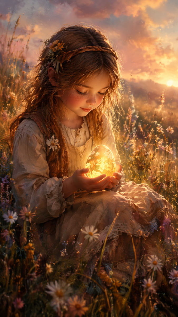 A young girl with flowers in her hair sits in a sunlit meadow at sunset holding a glowing egg that illuminates her face.