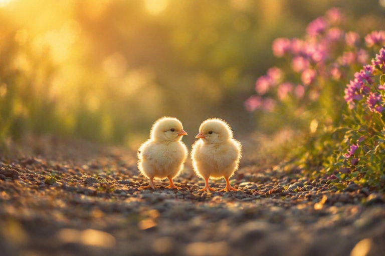 Two fluffy yellow baby chicks standing close on a gravel path with soft golden sunlight and pink flowers in the background