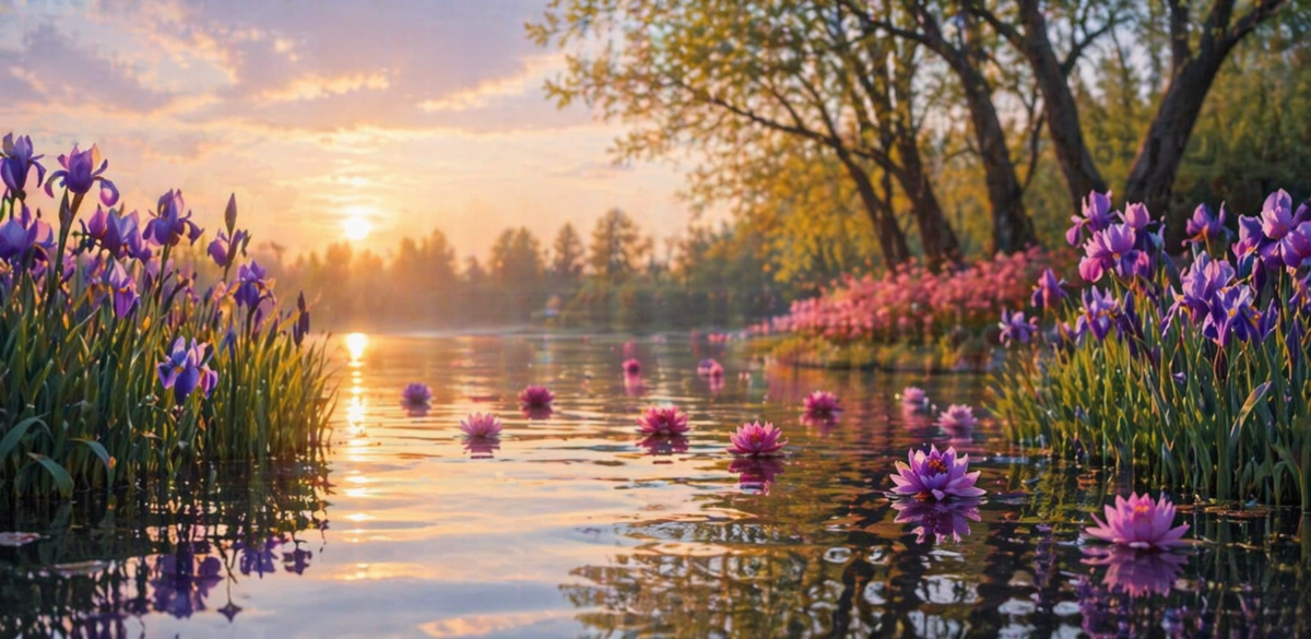 Calm water lake at sunrise with blooming purple irises and pink water lilies surrounded by trees