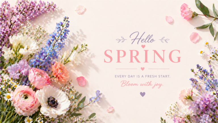 Bright spring floral bouquet with pastel pink, white, purple, and blue flowers and the text Hello Spring with a joyful message