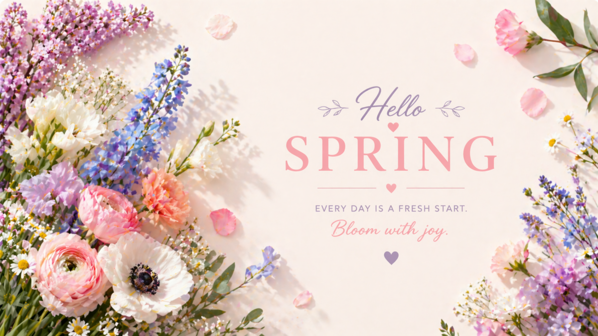 Bright spring floral bouquet with pastel pink, white, purple, and blue flowers and the text Hello Spring with a joyful message