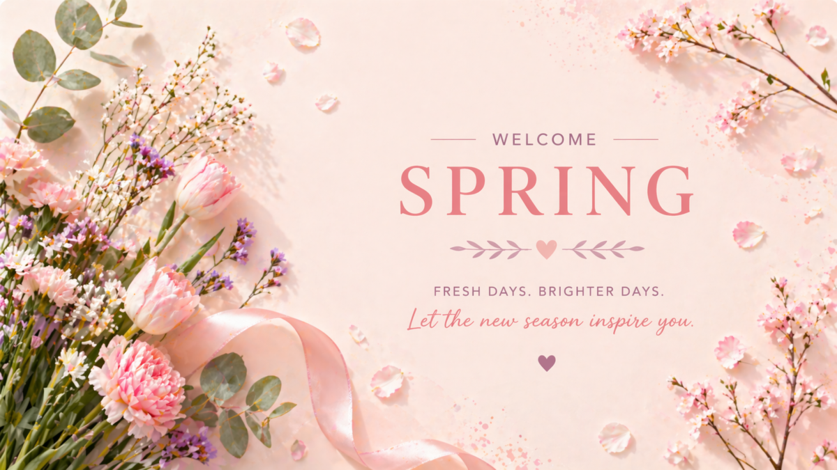 Pastel spring flowers arrangement with pink ribbon and a welcome message on soft pink background