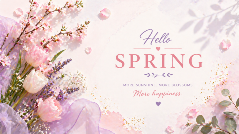 Pastel pink and purple spring flowers arranged beautifully with a gentle text greeting saying Hello Spring and more sunshine and happiness