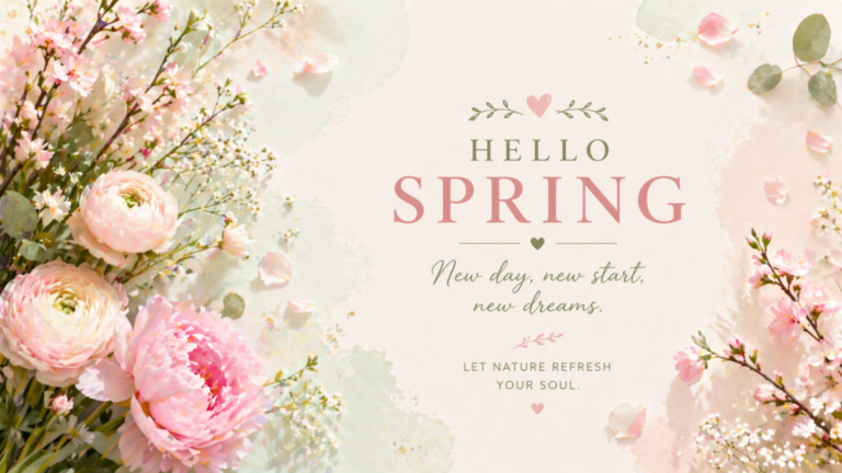 Delicate pink and white flowers arranged with greenery and soft petals surrounding a spring welcoming message