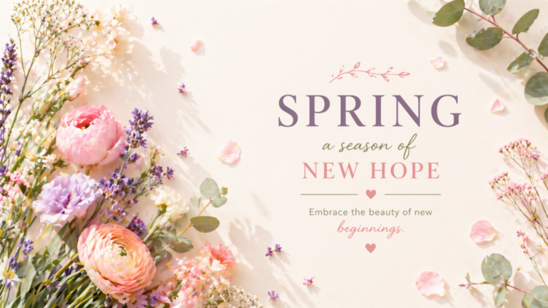 Assorted spring flowers arranged on the left against a light background with an inspirational quote on new hope and beginnings
