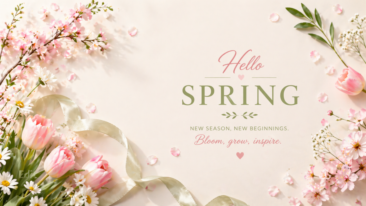 Soft pastel floral arrangement with pink tulips, cherry blossoms, daisies, green leaves, and a beige ribbon around spring greeting text