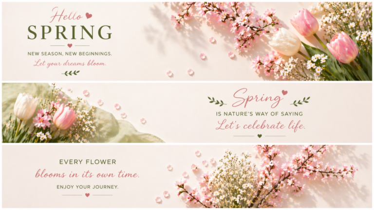 Three elegant spring-themed banners featuring soft pink and white flowers with inspirational quotes about new beginnings and celebrating life.