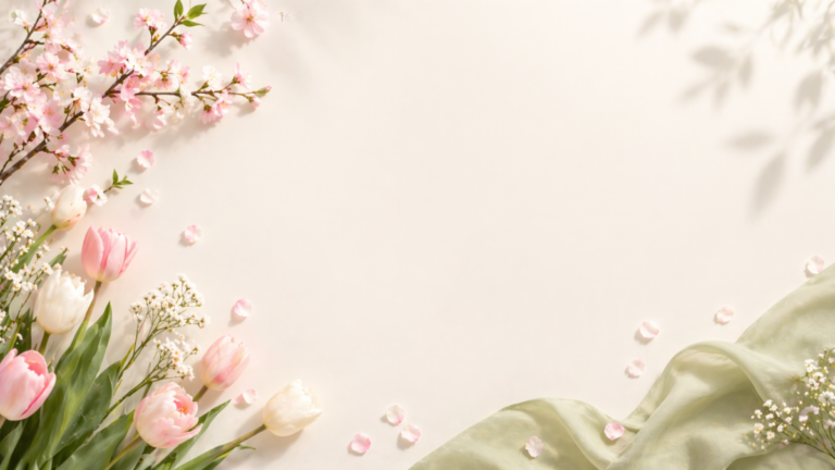 Arrangement of pink and white tulips, cherry blossoms, and delicate greenery against a soft beige background with scattered petals and light shadows