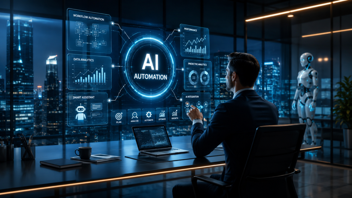 A businessman interacts with a futuristic AI automation digital interface in a high-tech office, with a robot and city skyline visible.