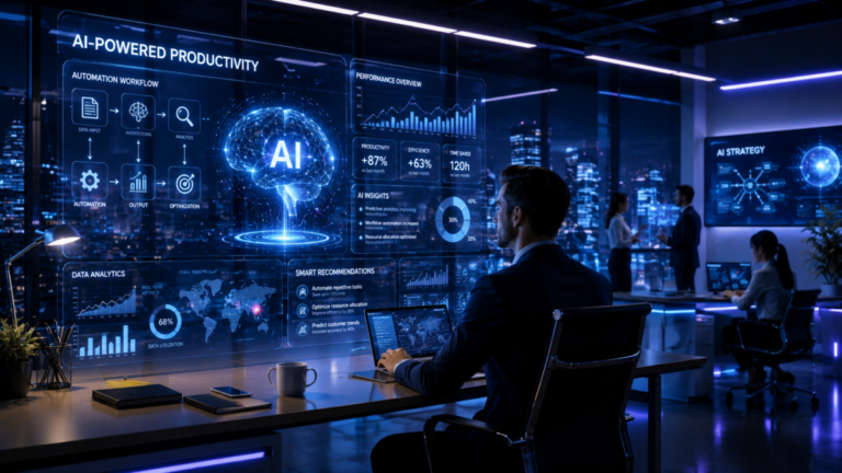 Businessman analyzing AI-powered productivity and data analytics on transparent digital screens in a modern office at night