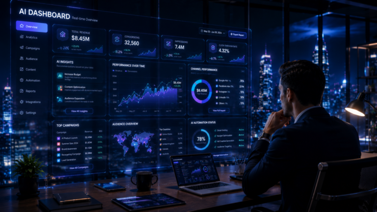 Businessman analyzing a futuristic AI marketing dashboard displaying revenue, conversions, campaign data, and audience insights at night