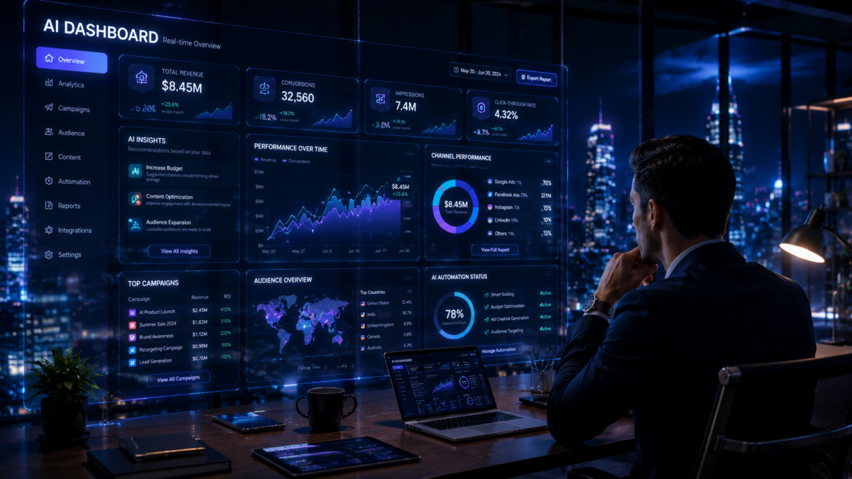 Businessman analyzing a futuristic AI marketing dashboard displaying revenue, conversions, campaign data, and audience insights at night