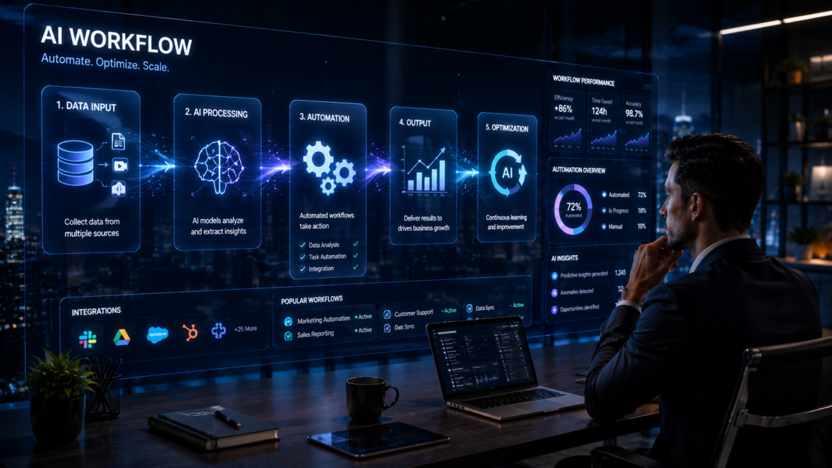 A professional man analyzing a futuristic AI workflow interface showing data input, AI processing, automation, output, and optimization steps.