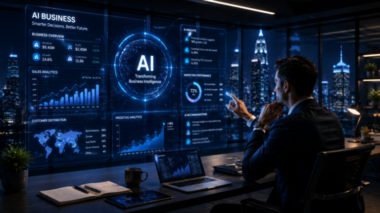 Businessman interacting with futuristic AI-driven business analytics displayed on transparent screens in a nighttime city office