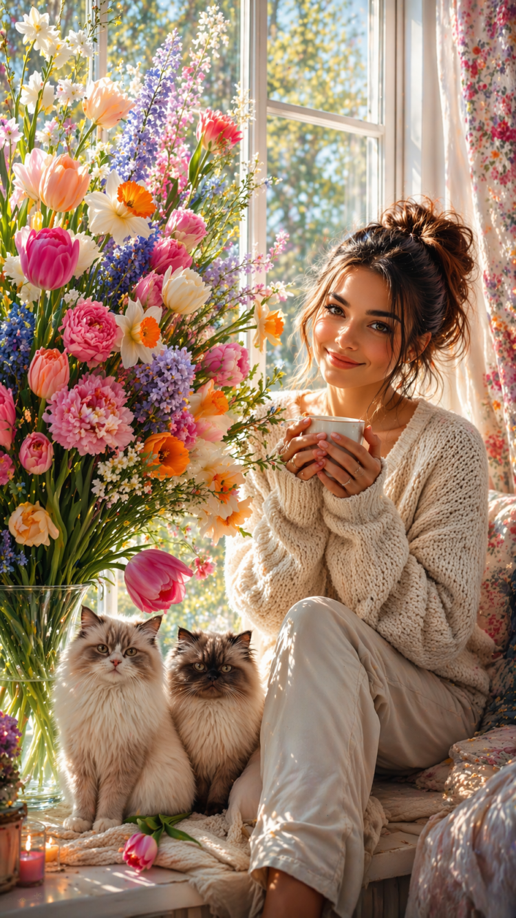 Smiling woman in cozy sweater sitting by a bright window holding a cup, beside two fluffy cats and vibrant spring flowers