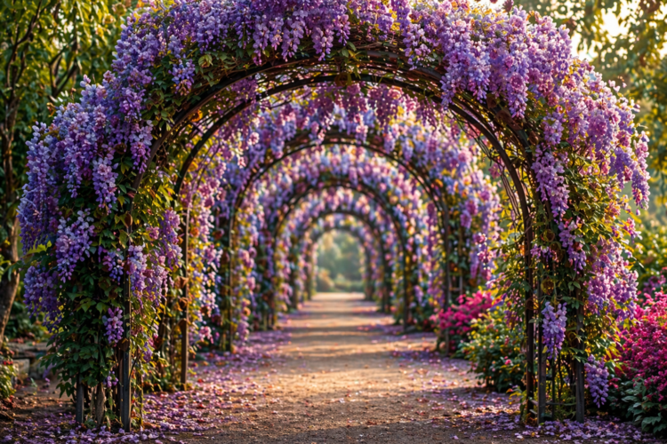 A beautiful garden path lined with metal archways covered in blooming purple wisteria flowers under soft sunlight