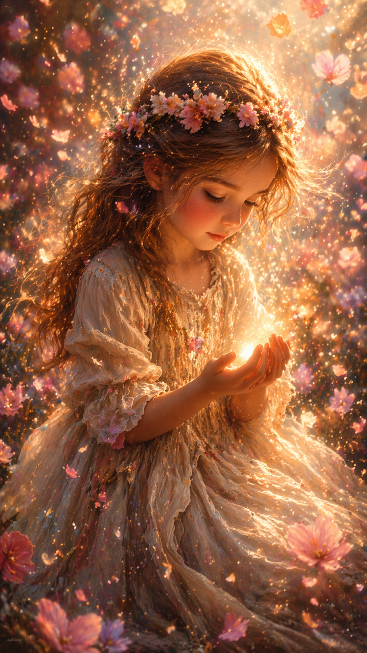 A young girl with a flower crown and flowing dress holds a radiant glowing light in her hands surrounded by sparkling particles and pink flowers