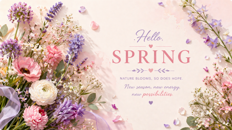 Delicate spring flowers in pink, white, and purple shades surrounding a message welcoming spring and new possibilities
