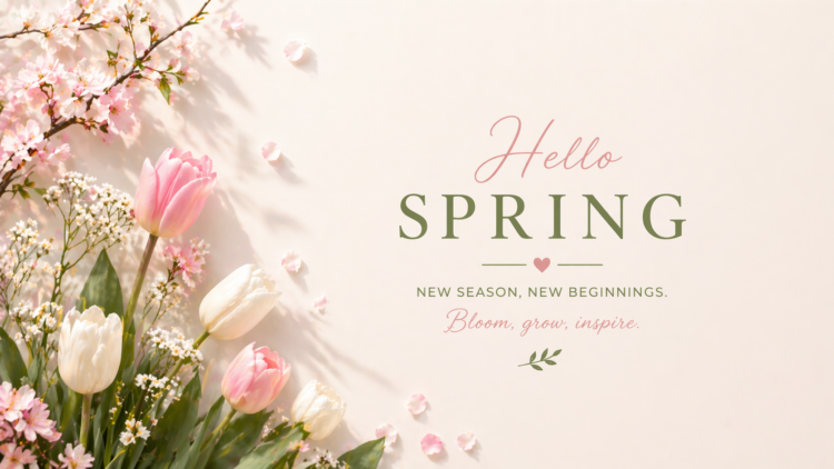 Soft pastel spring greeting with pink and white tulips, delicate blossoms, and text about new season and growth