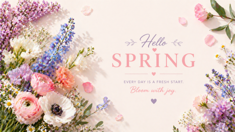 Bright spring floral bouquet with pastel pink, white, purple, and blue flowers and the text Hello Spring with a joyful message