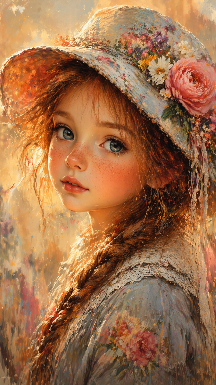 Close-up portrait of a young girl with bright blue eyes, freckles, and red hair in a braid wearing a floral hat and lace dress