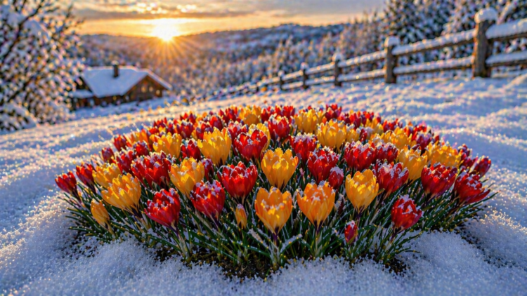 Close-up of vibrant red and yellow crocus flowers blooming through fresh snow with a wooden fence and cabin in the background at sunrise