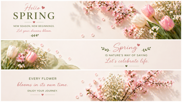 Three elegant spring-themed banners featuring soft pink and white flowers with inspirational quotes about new beginnings and celebrating life.