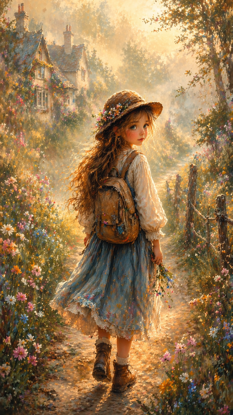 A young girl wearing a floral hat and vintage dress walking along a sunlit country path surrounded by wildflowers and rustic cottages