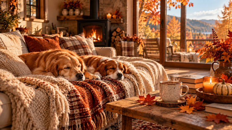 Two dogs sleeping comfortably on a cozy sofa with warm autumn blankets and pillows near a lit fireplace.