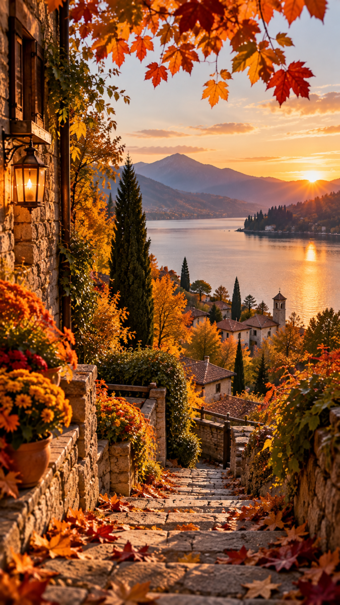 Stone steps lined with vibrant orange and red autumn leaves, leading down to a lakeside village with mountains and sunset in the background