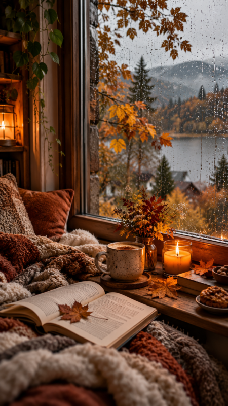 A warm cozy nook with blankets, an open book, a cup of coffee, candles, and autumn leaves by a window with raindrops and a lake view