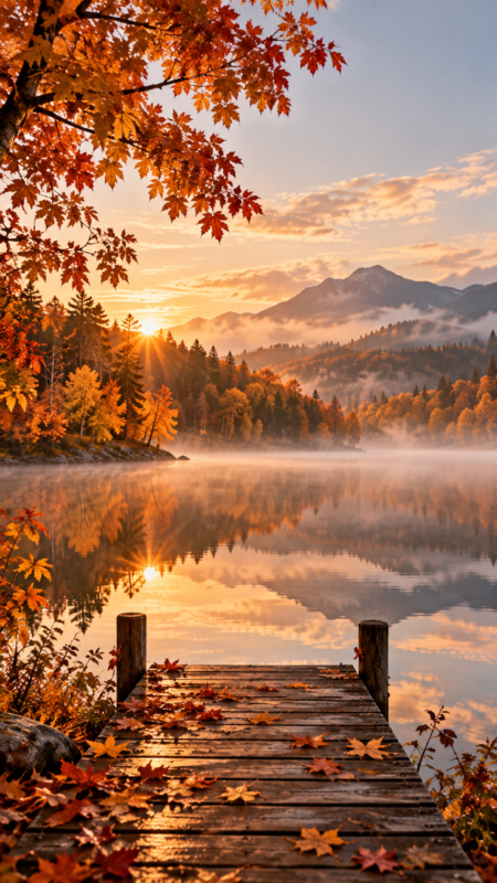 Autumn Sunrise Over Serene Lake and Mountains (Free AI Image)